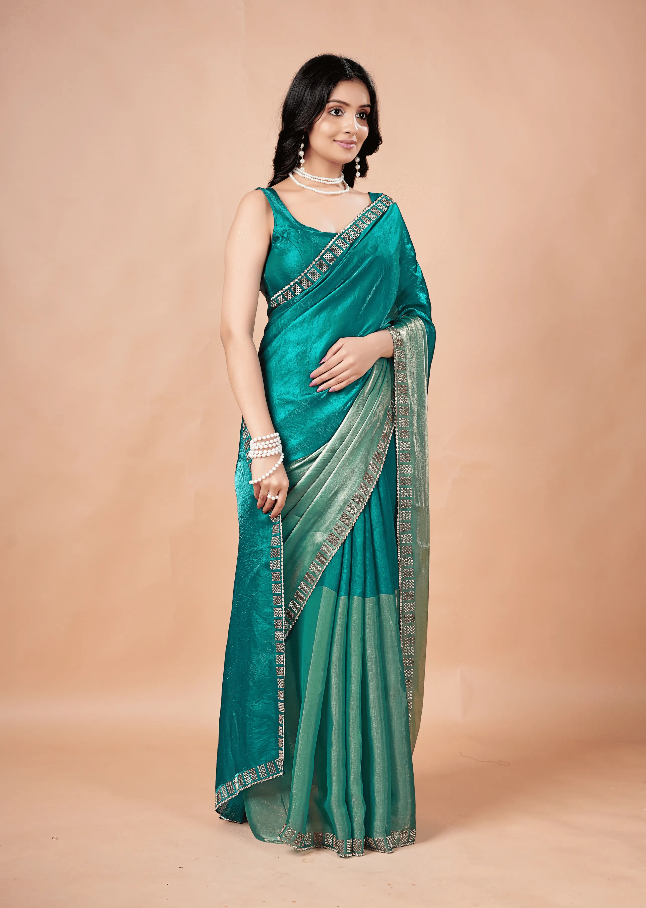  Firozi Tissue Silk Saree Standing Look - Party Wear Saree