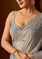 Sky Blue Tissue Silk Saree Draped Look - Stone Work Design