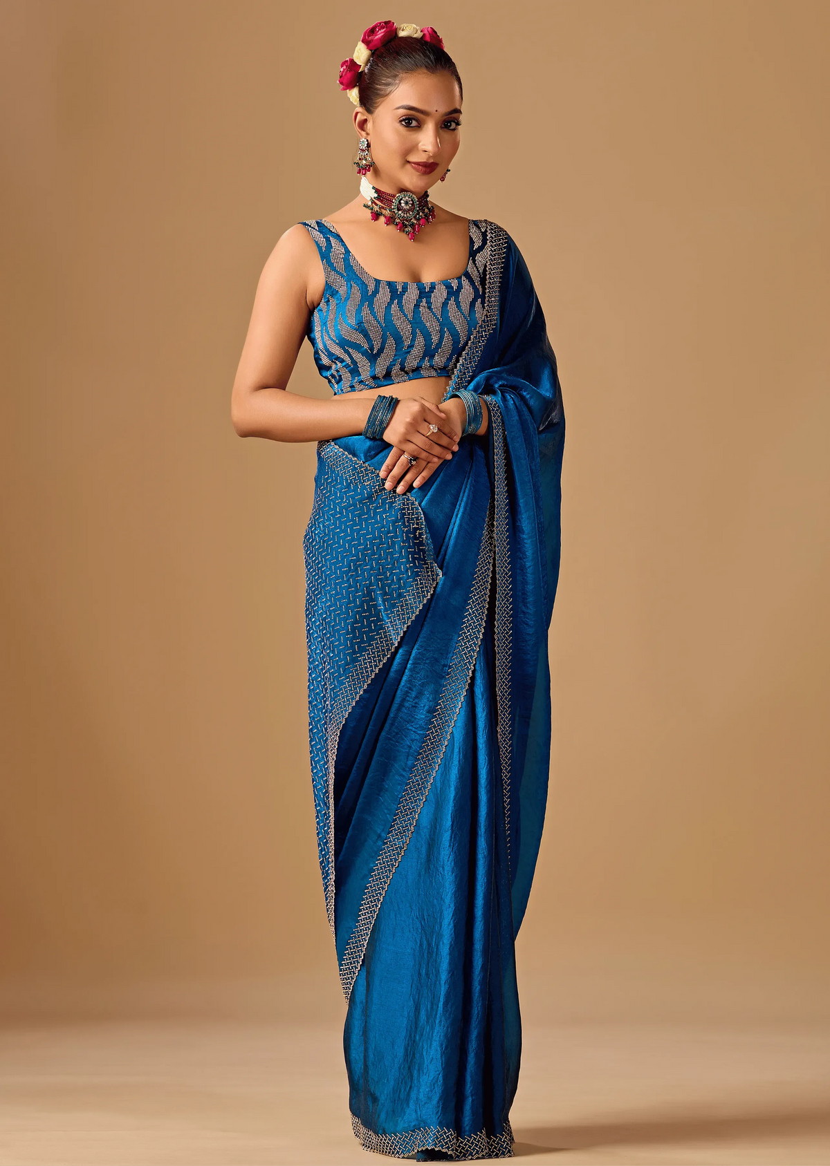 Royal Blue Tissue Silk Saree With Stone Work Border