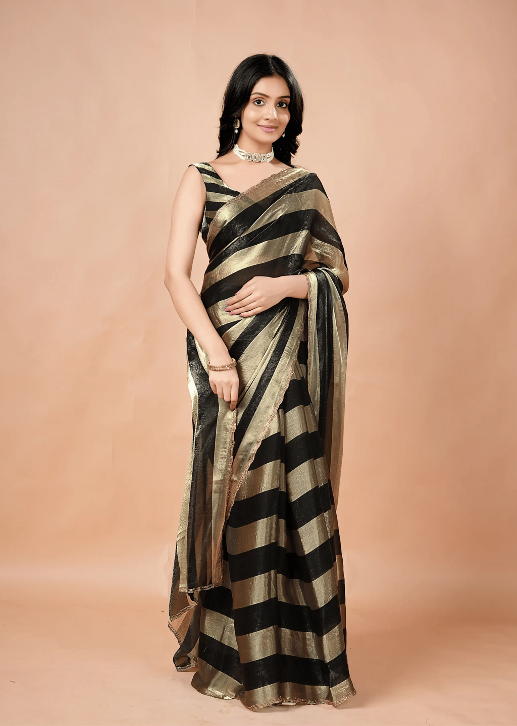 Black Tissue Silk Saree With Striped Weave