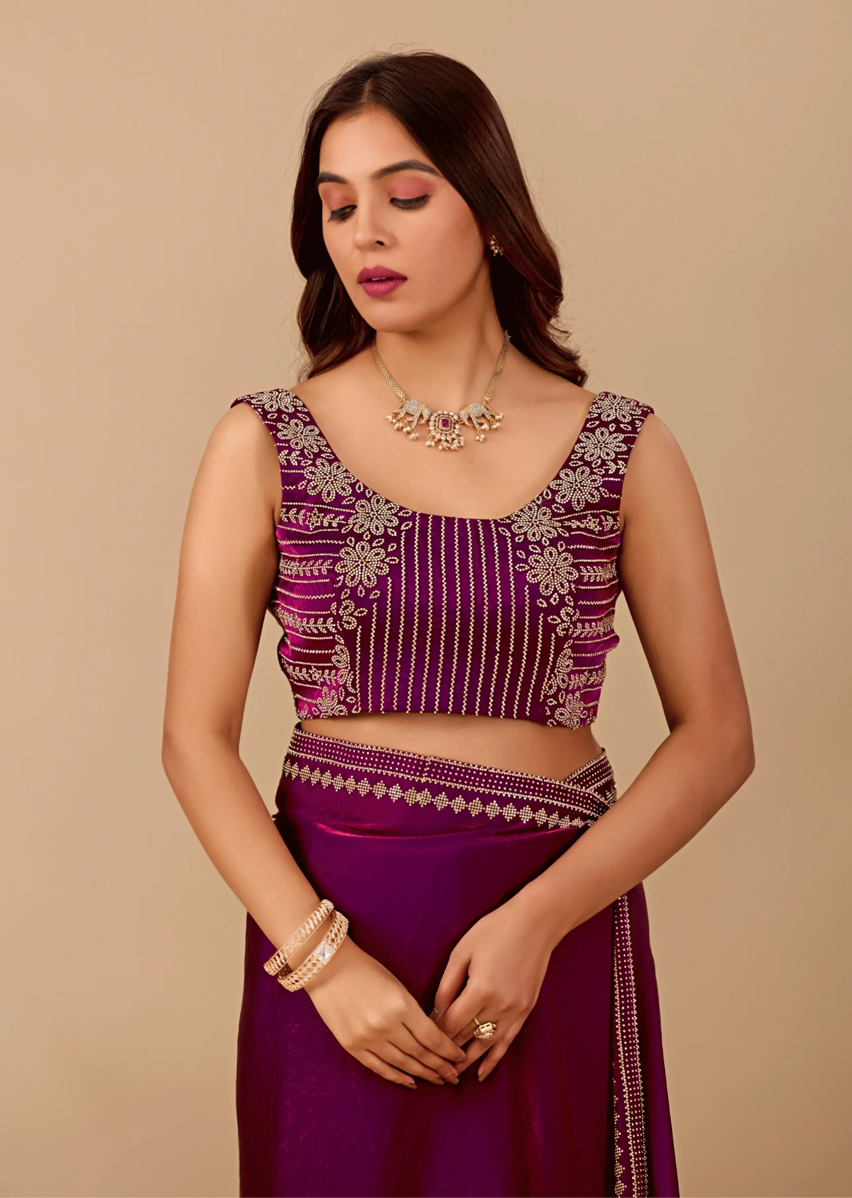Royal Purple Tissue Silk Saree With Crystal Border Work