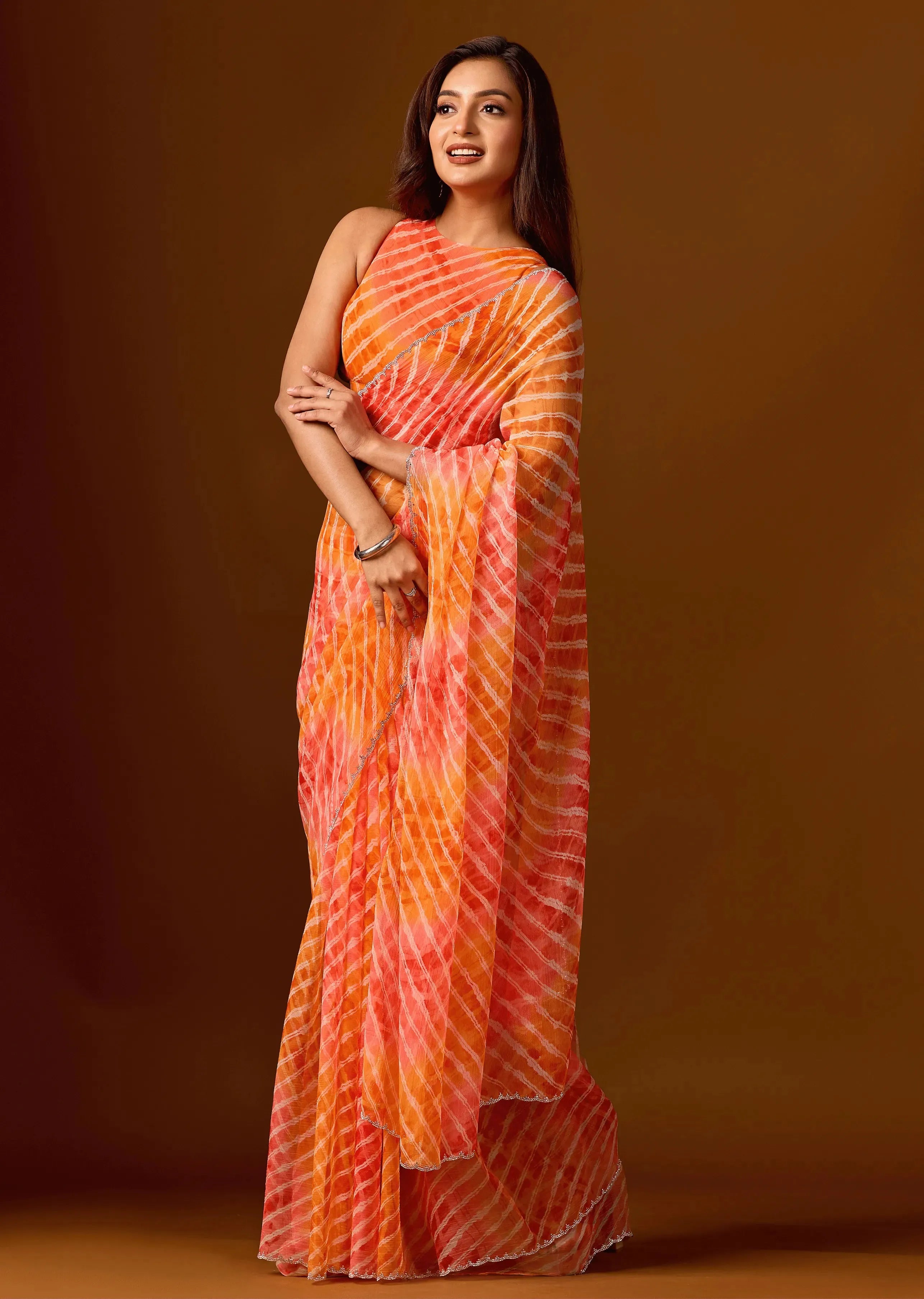 Sunset Orange Chiffon Saree With Shibori Print
