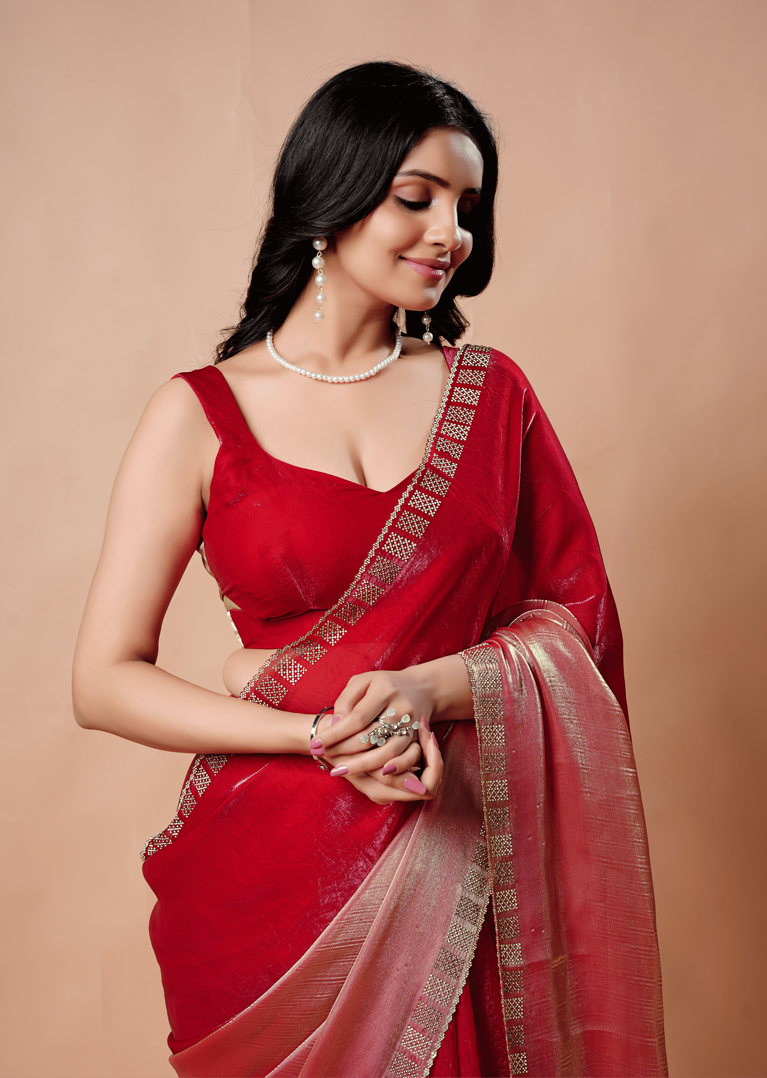 Red Tissue Silk Saree With Stone Border