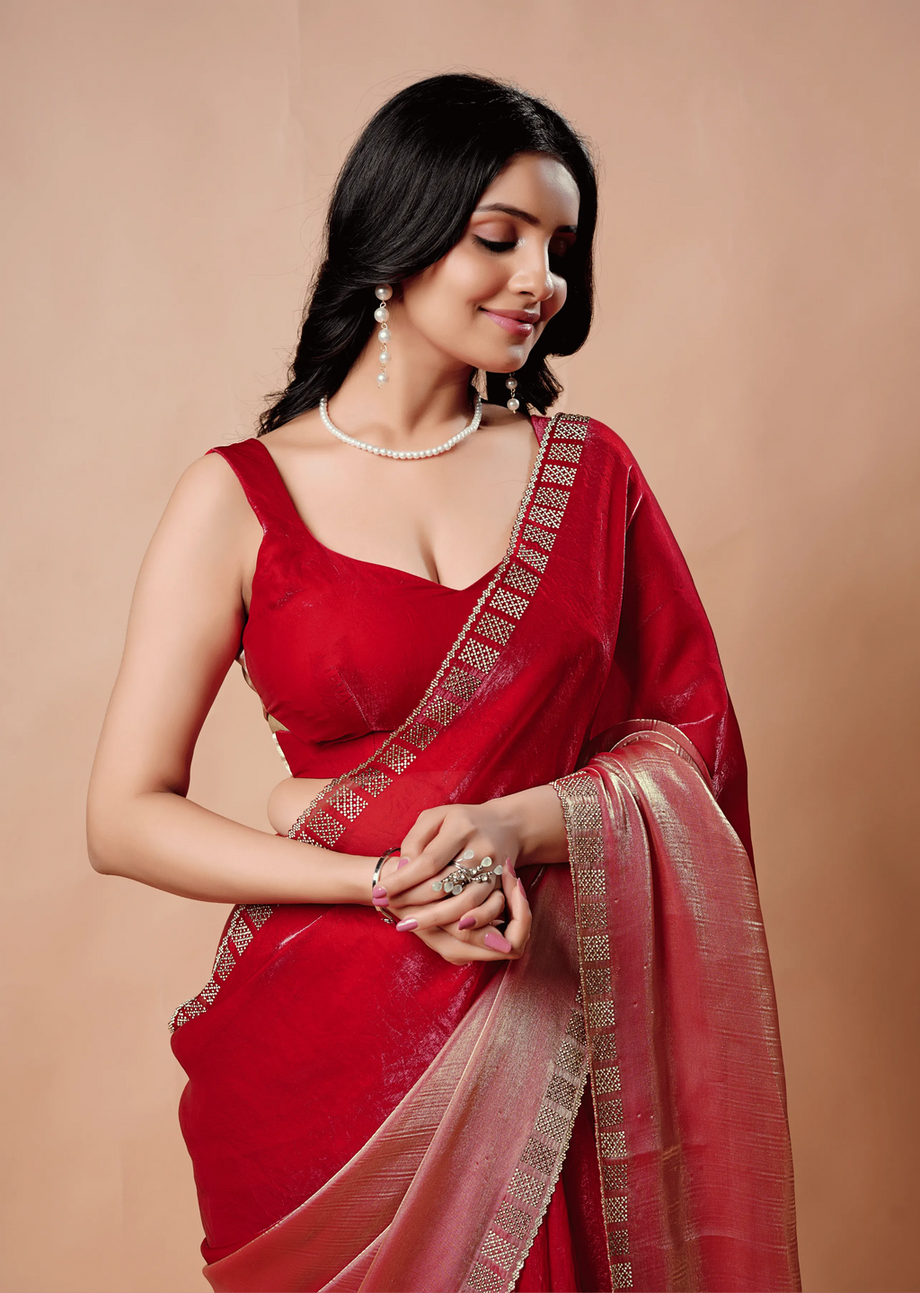 Red Tissue Silk Saree Draped Look - Dual Tone Pallu Design