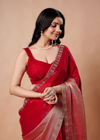 Red Tissue Silk Saree Draped Look - Dual Tone Pallu Design