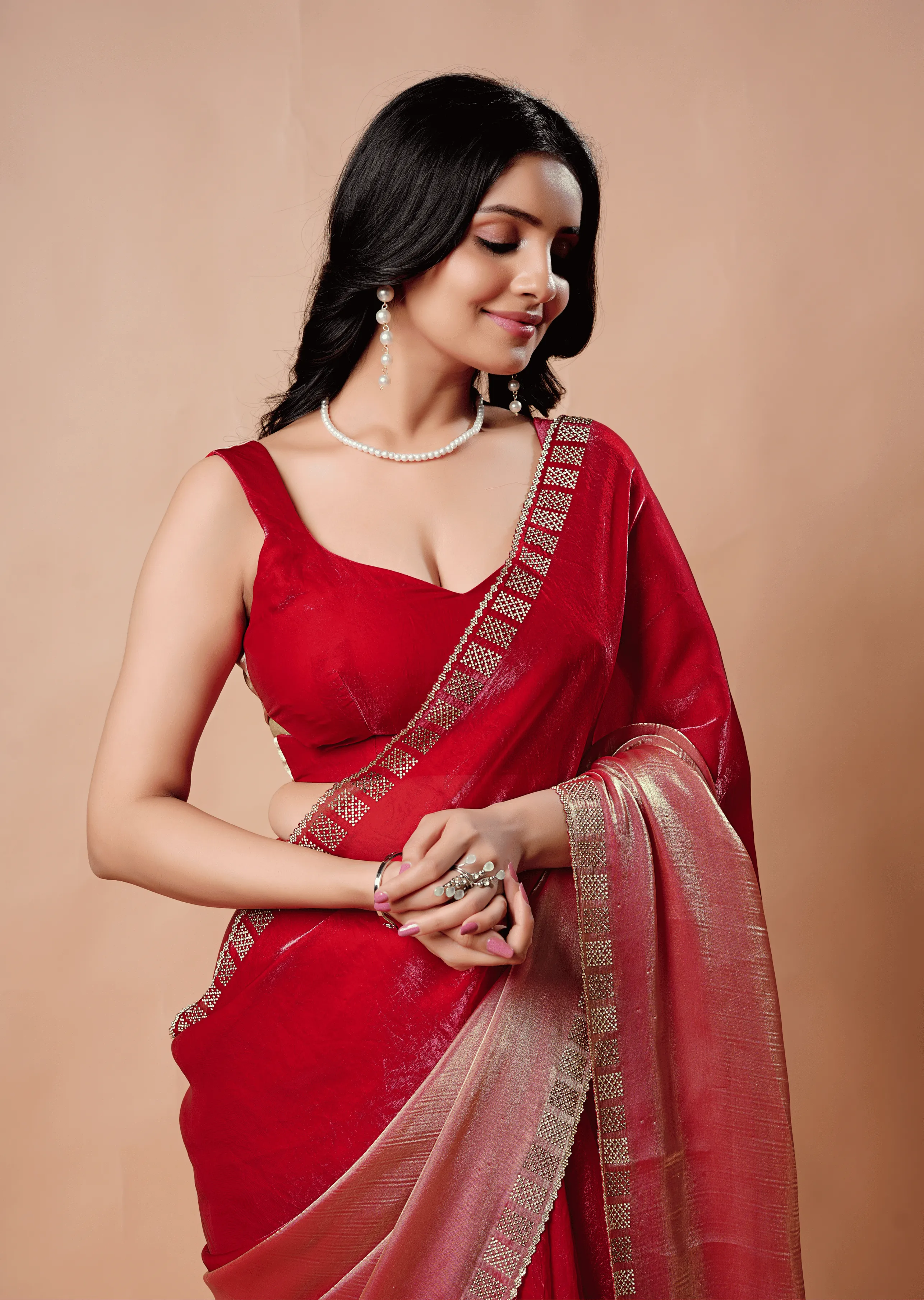 Red Tissue Silk Saree Draped Look - Dual Tone Pallu Design