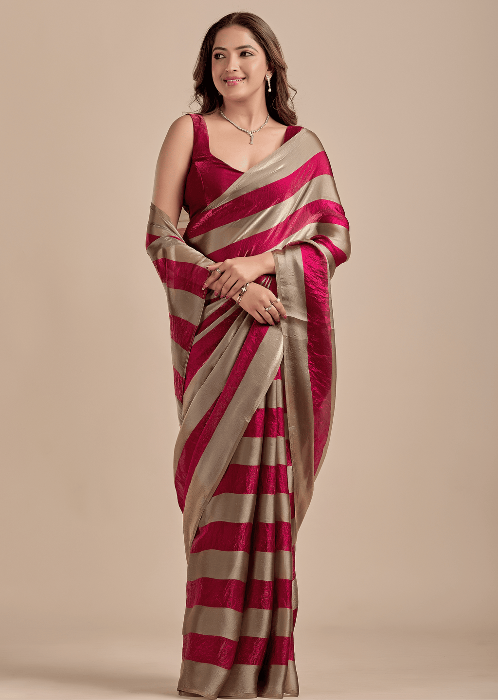 Berry Wine Tissue Silk Saree With Metallic Stripe Weave