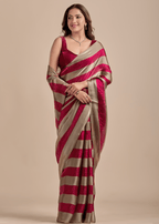 Berry Wine Tissue Silk Saree With Metallic Stripe Weave