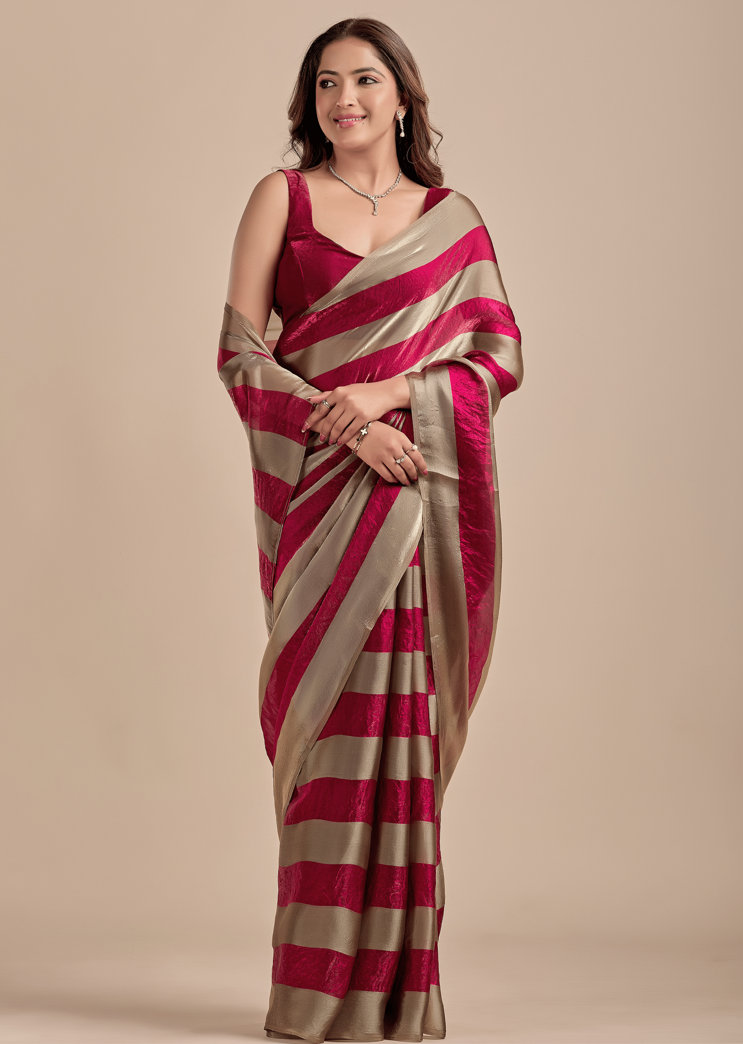 Berry Wine Tissue Silk Saree With Metallic Stripe Weave