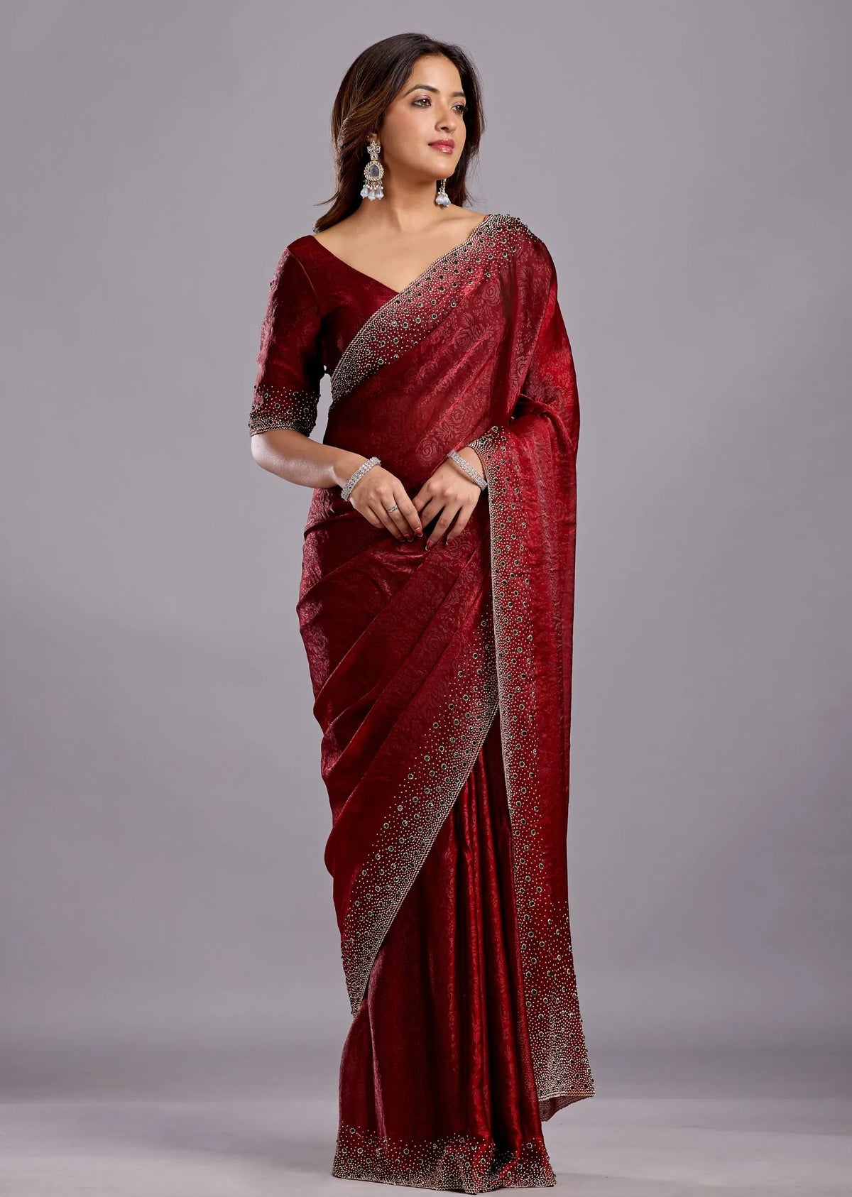  Maroon Tissue Silk Saree Side Pose - Wedding Wear Saree