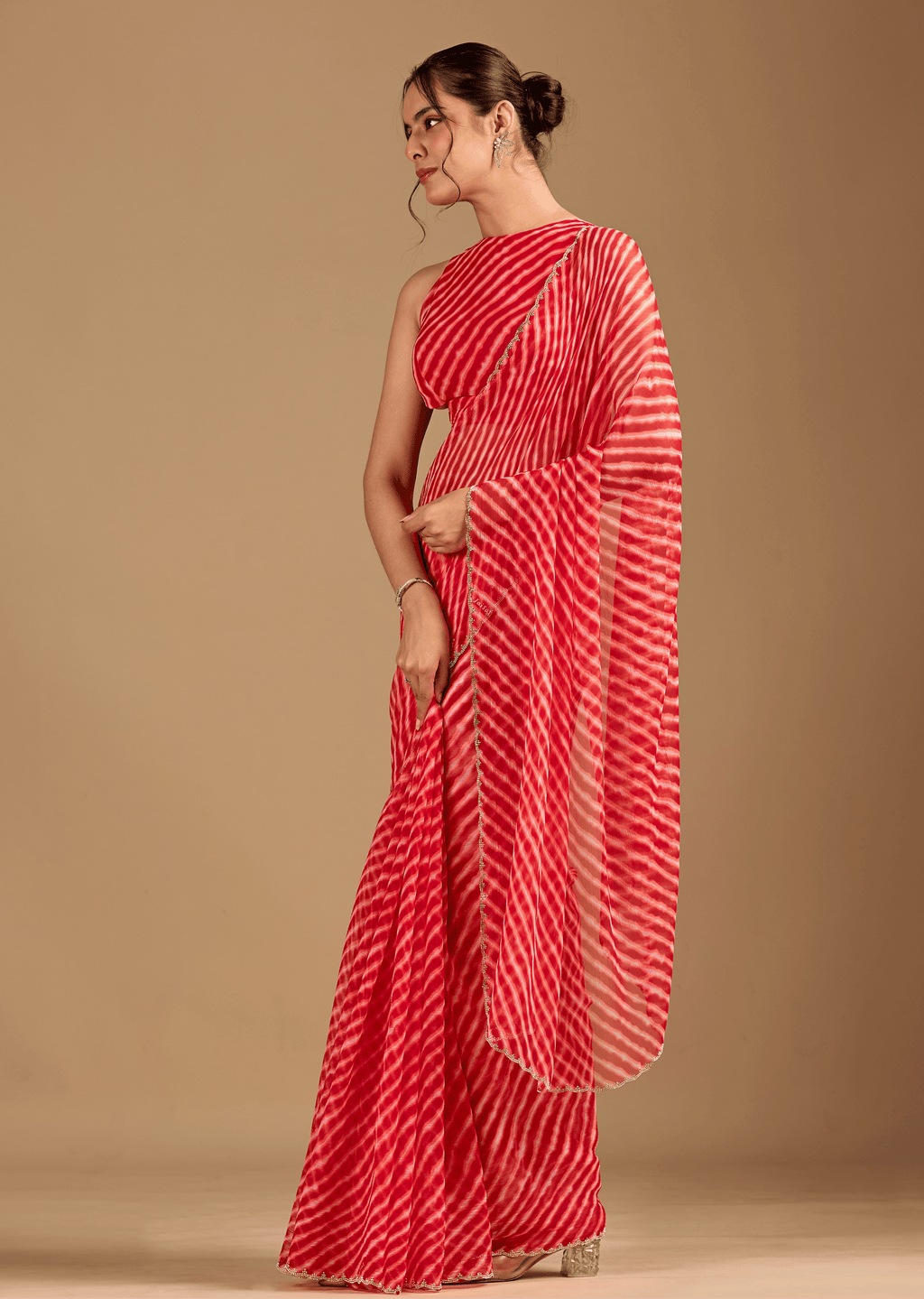 Coral Red Chiffon Saree With Stone Work