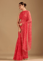 Coral Red Chiffon Saree With Stone Work