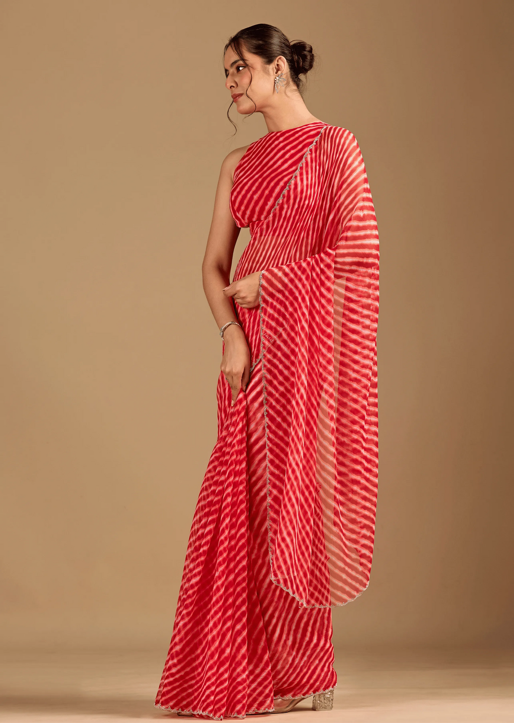 Coral Red Chiffon Saree Side Pose - Festive Wear Saree
