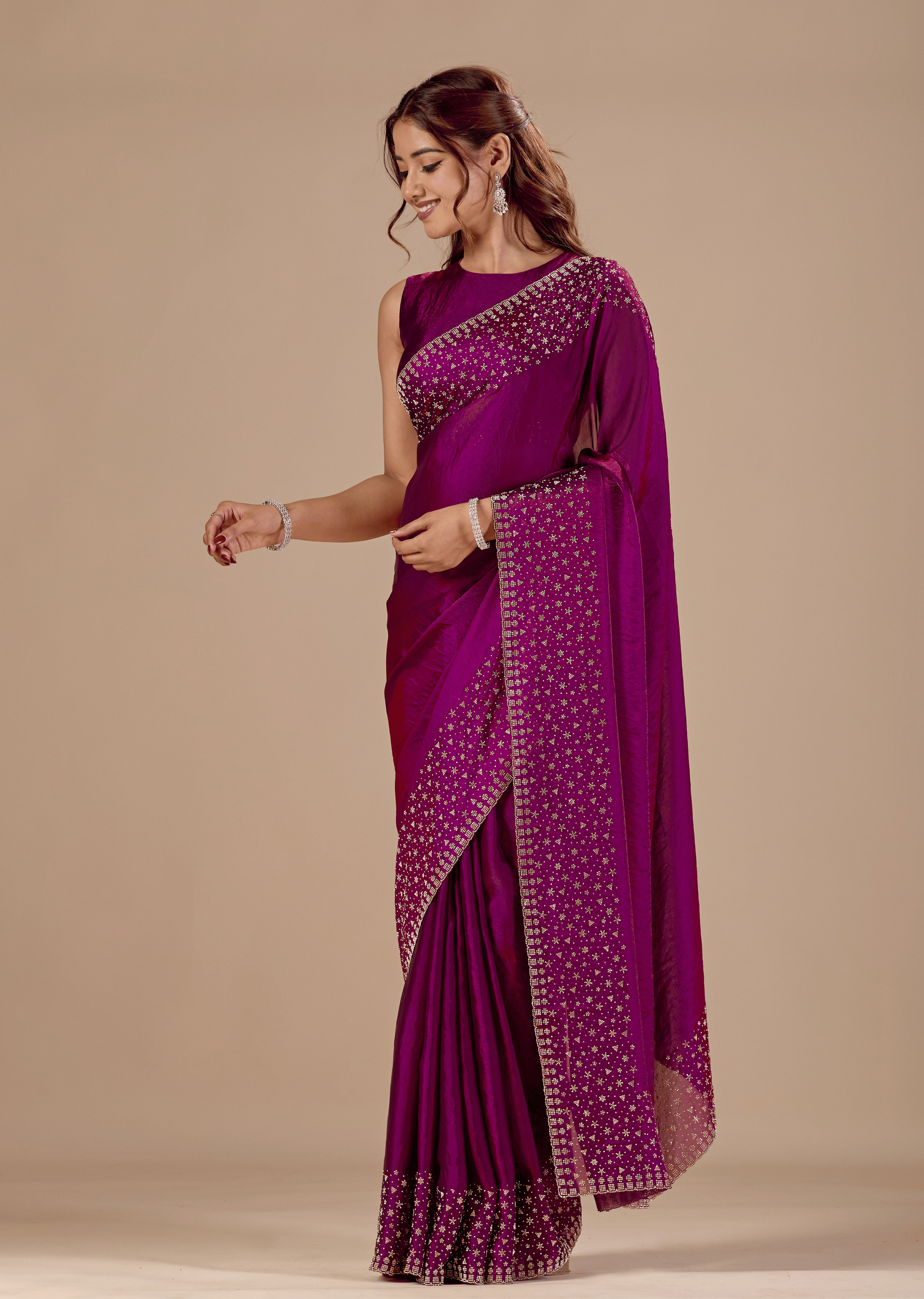 Purple Tissue Silk Saree With Stone Work