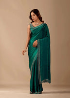 Emerald Teal Tissue Silk Saree With Crystal Border Work