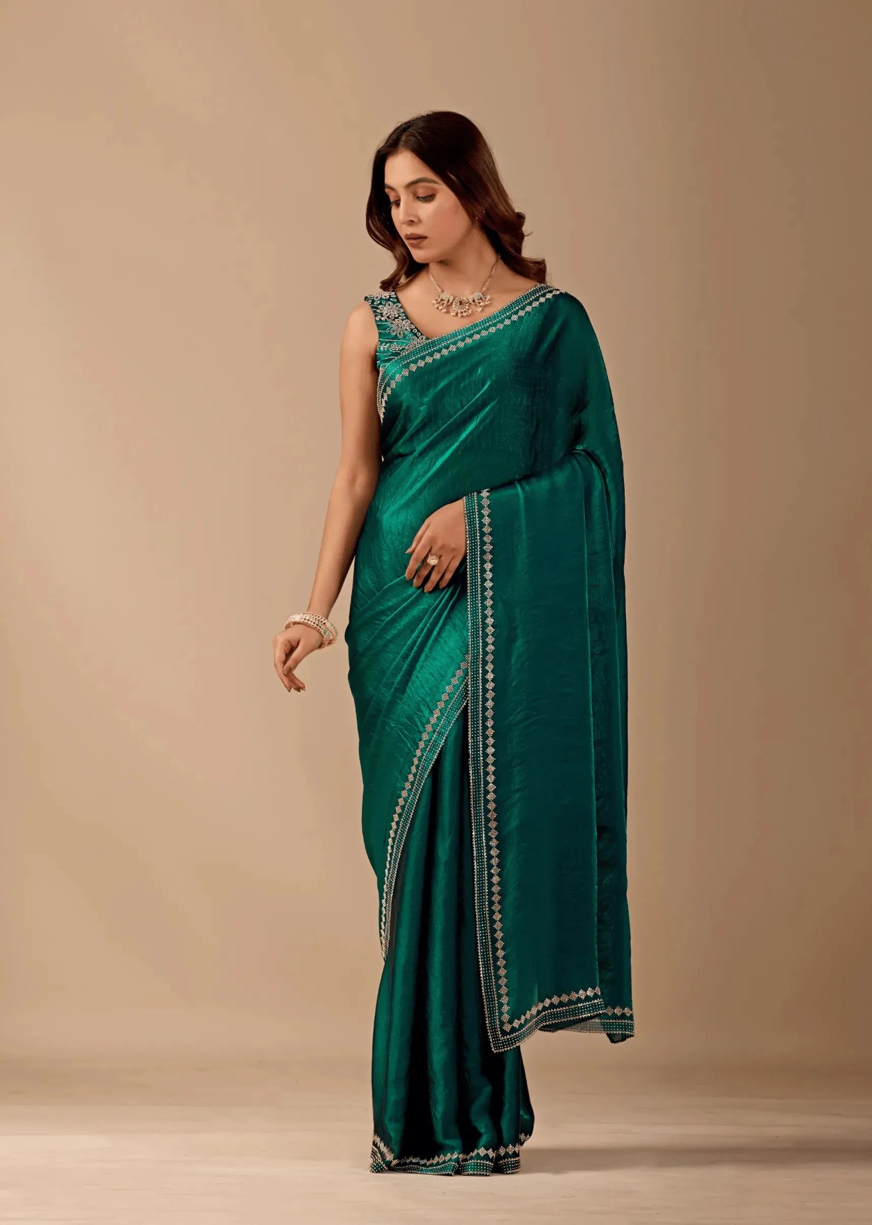 Emerald Teal Tissue Silk Saree With Crystal Border Work