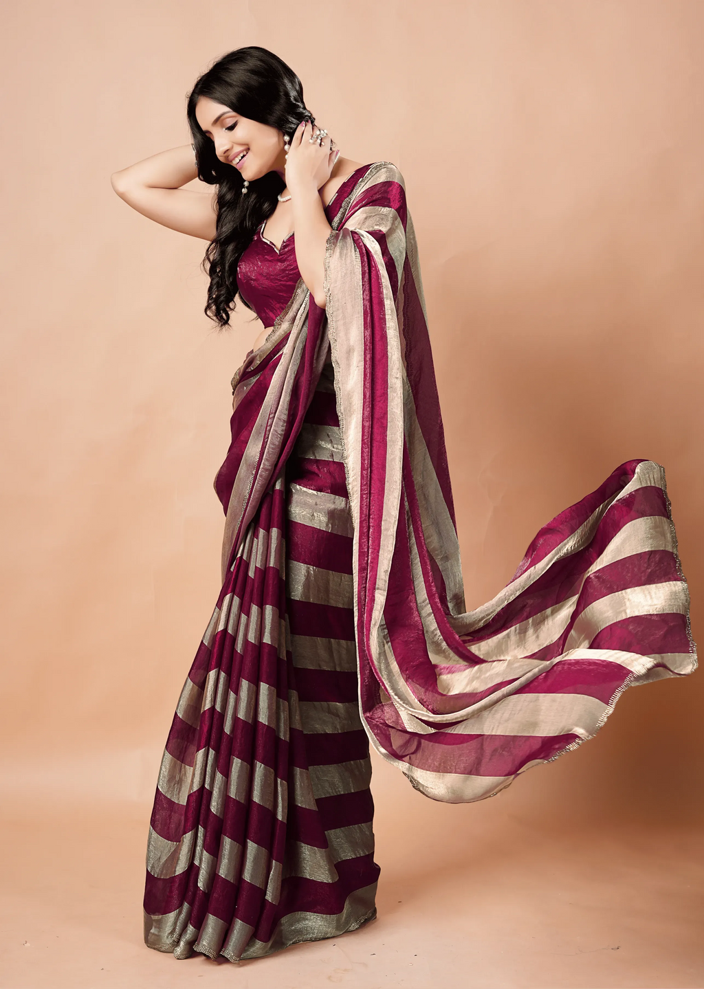 Wine Tissue Silk Saree With Metallic Stripe Work