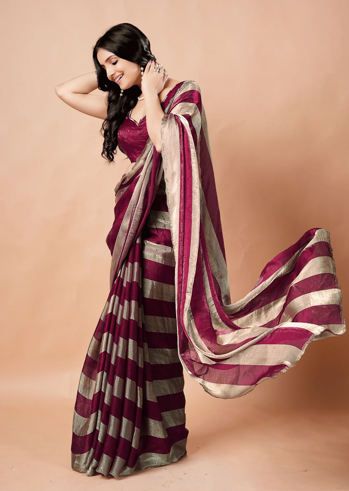 Wine Tissue Silk Saree With Metallic Stripe Work