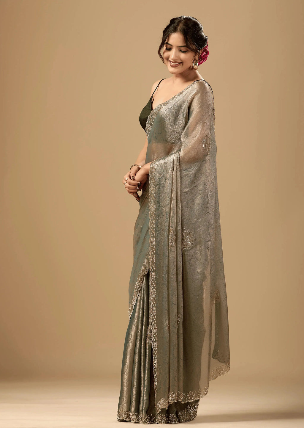 Sage Green Jacquard Saree With Crystal Stone Border