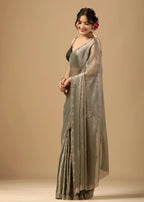 Sage Green Jacquard Saree With Crystal Stone Border