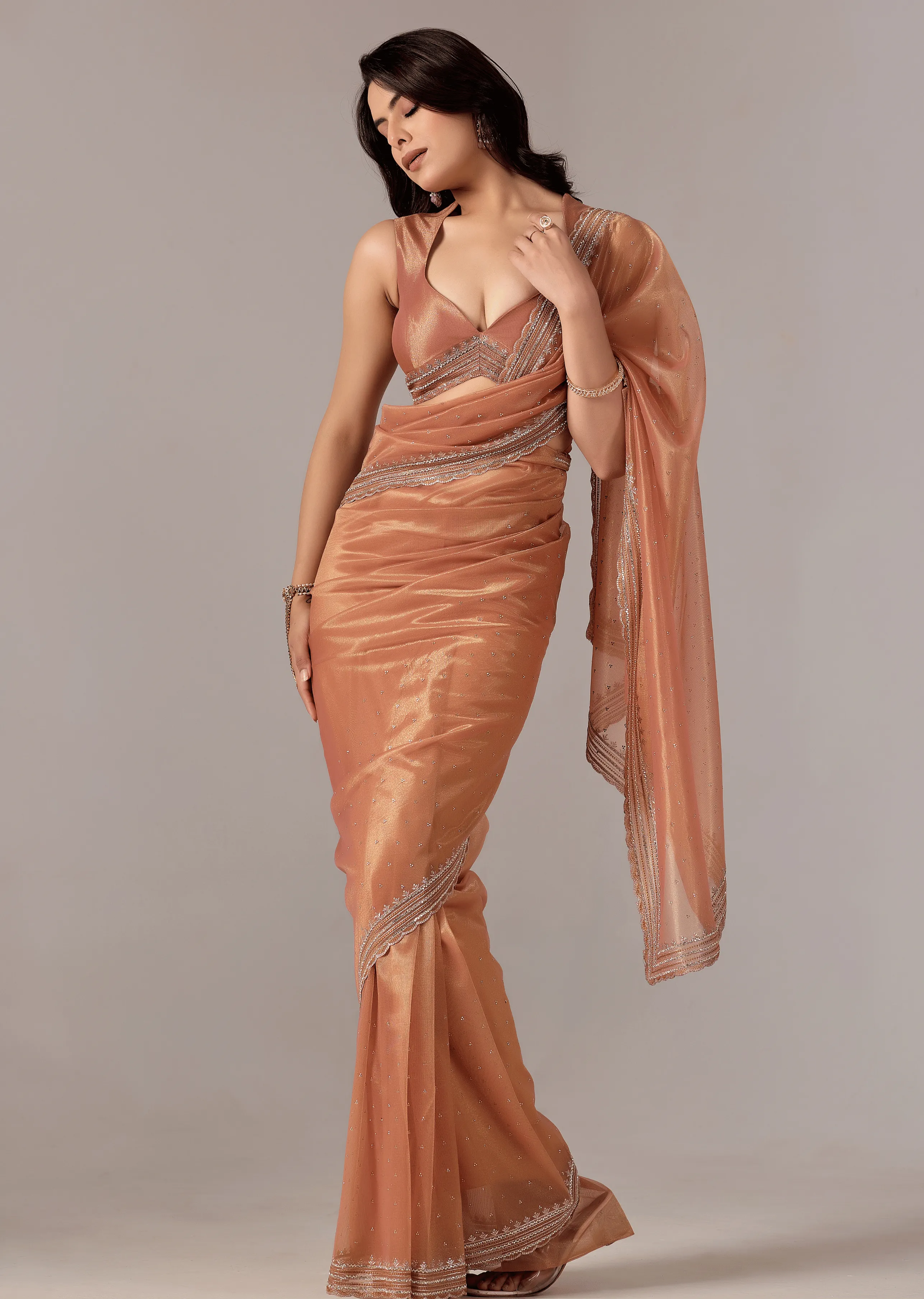 Orange Organza Saree Blouse Close Up - Sequin Work Detailing