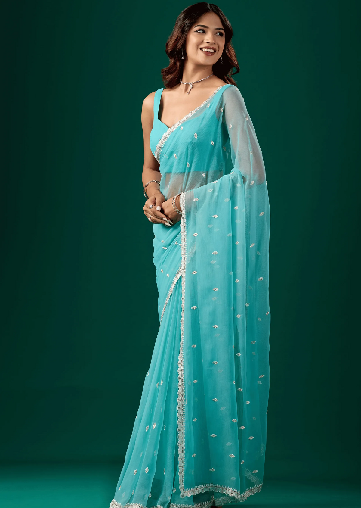 Sky Blue Chiffon Saree With Floral Embroidery