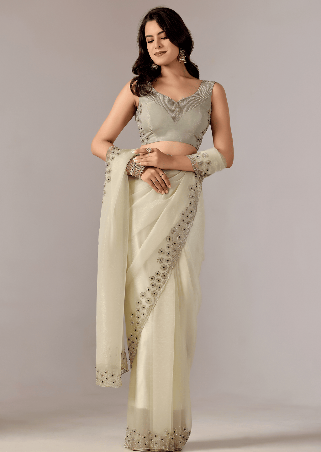 Pista Green Tissue Saree With Stone Embroidery