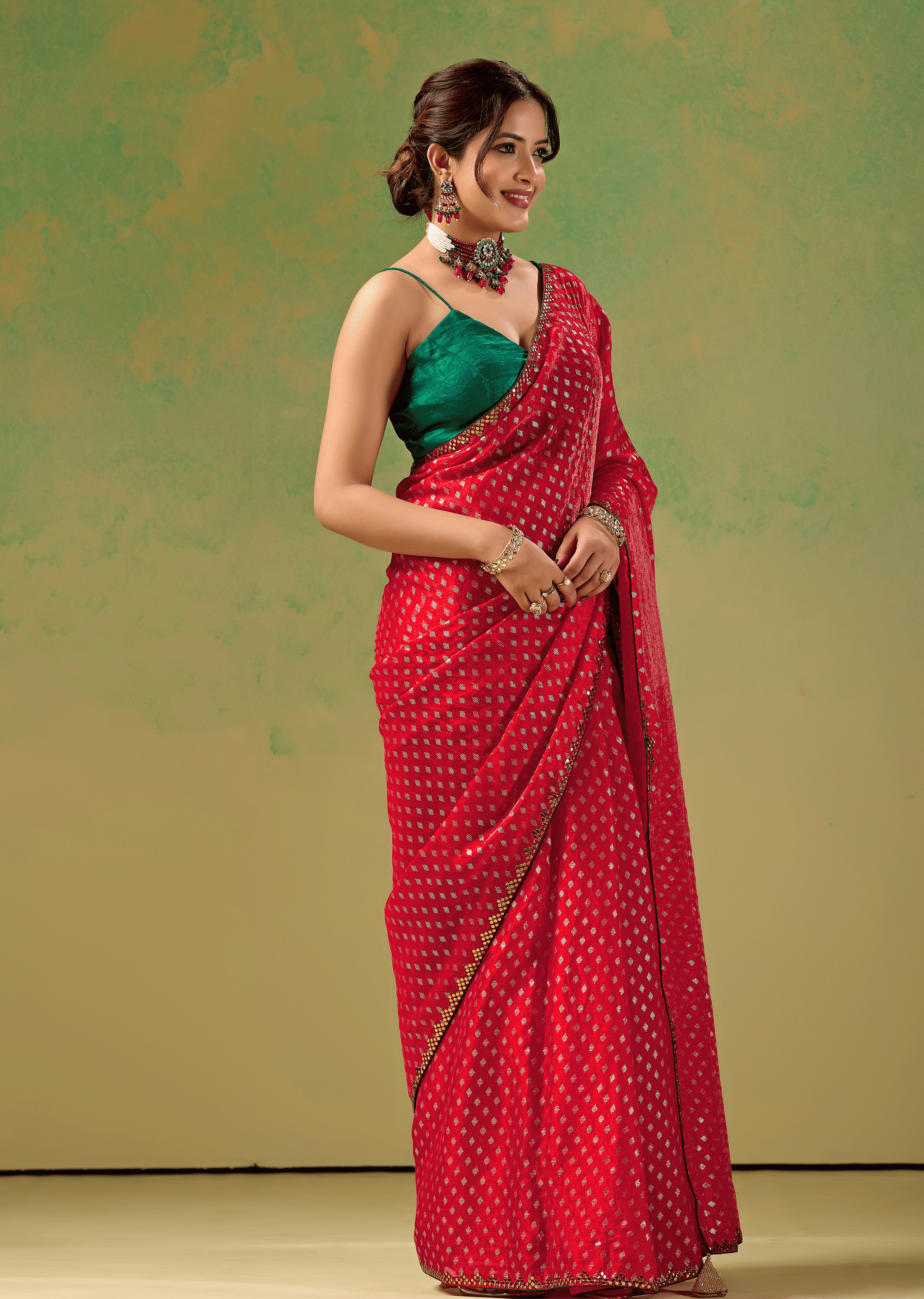 Rani Red Tissue Silk Saree With Foil Butti Work