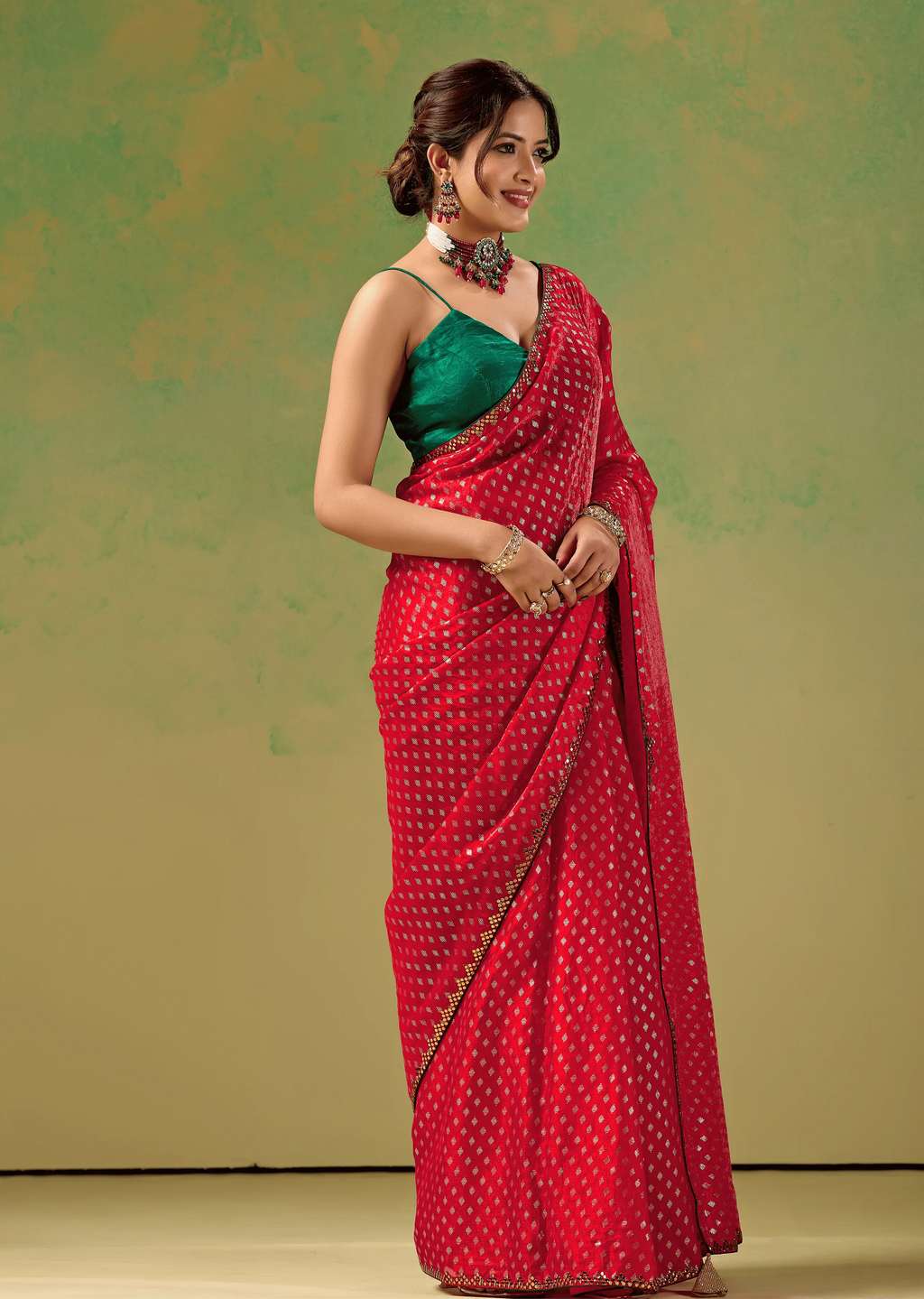  Rani Red Tissue Silk Saree Standing Look - Festive Wear Saree