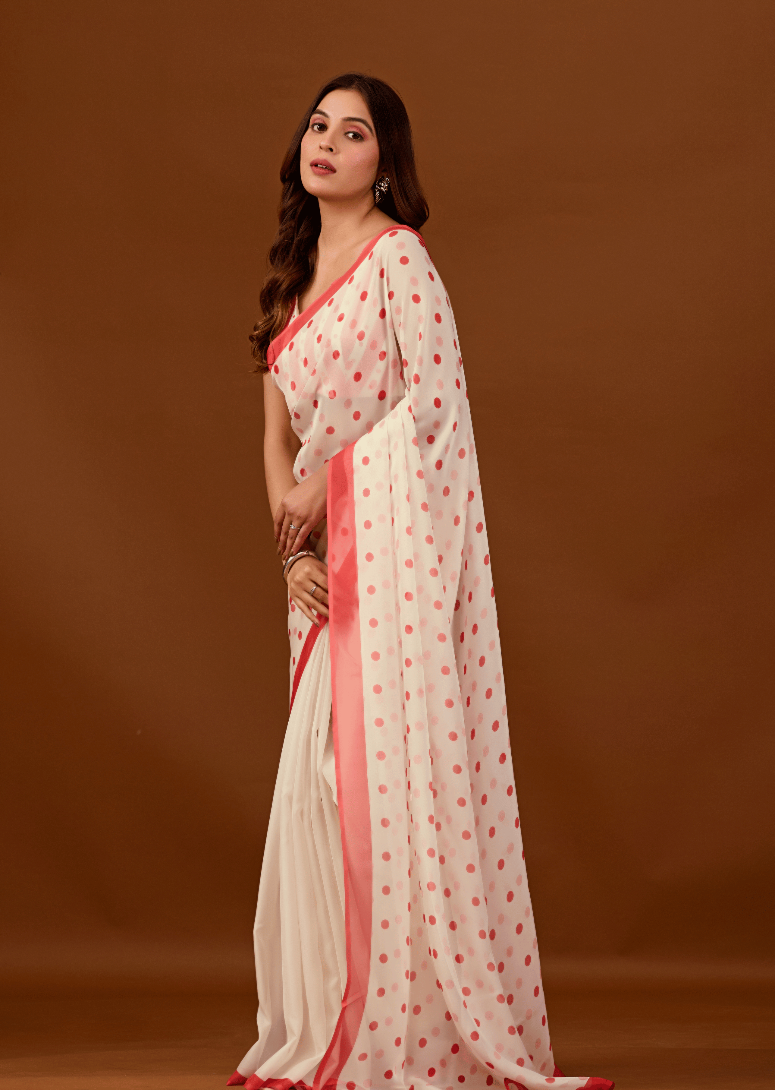White Soft Organza Saree With Polka Dot Print