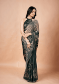 Bottle Green Organza Silk Saree With Foil Botanical Print