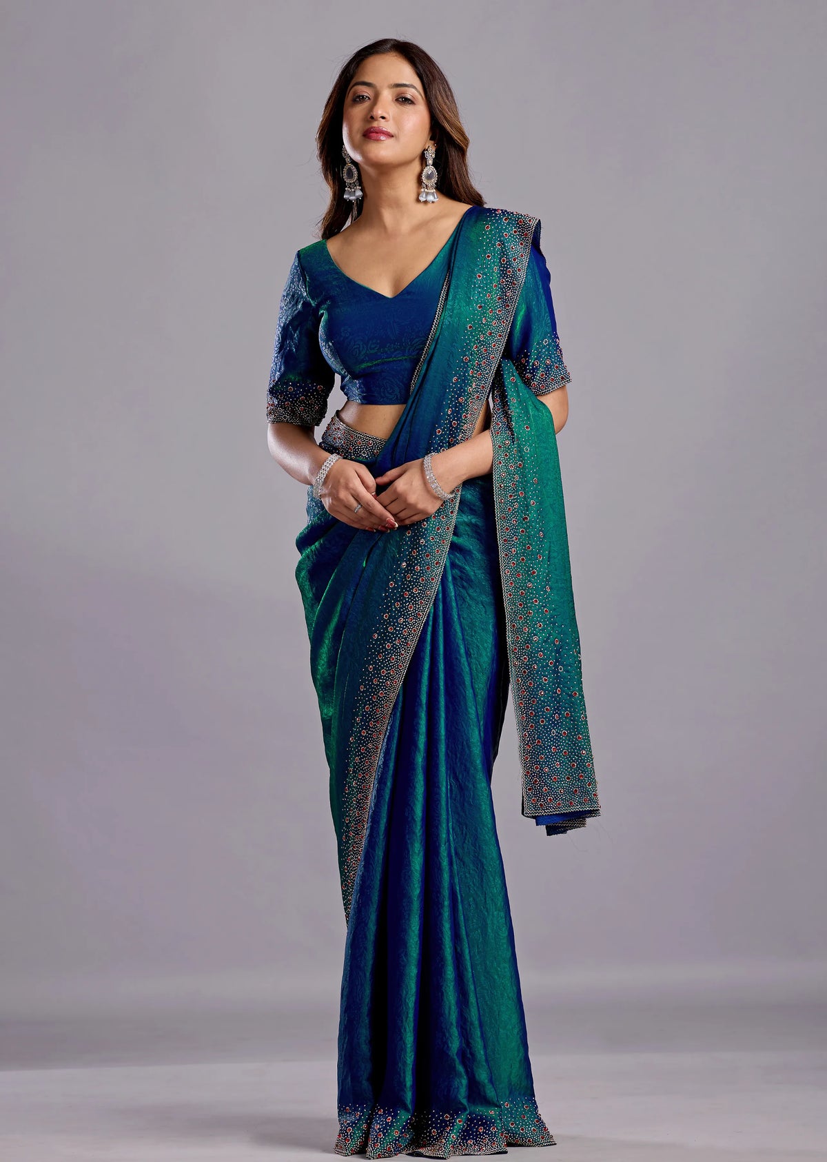 Green Tissue Silk Saree Side Pose - Wedding Wear Saree