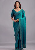 Peacock Teal Tissue Silk Saree With Crystal Spiral Work