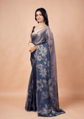 Steel Blue Organza Silk Saree With Foil Floral Print