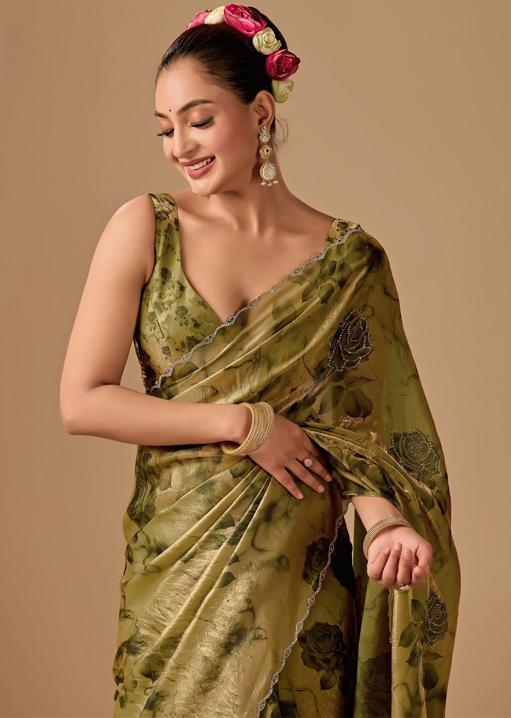 Olive Green Organza Silk Saree Standing Look - Party Wear Saree