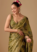 Olive Green Organza Silk Saree Standing Look - Party Wear Saree