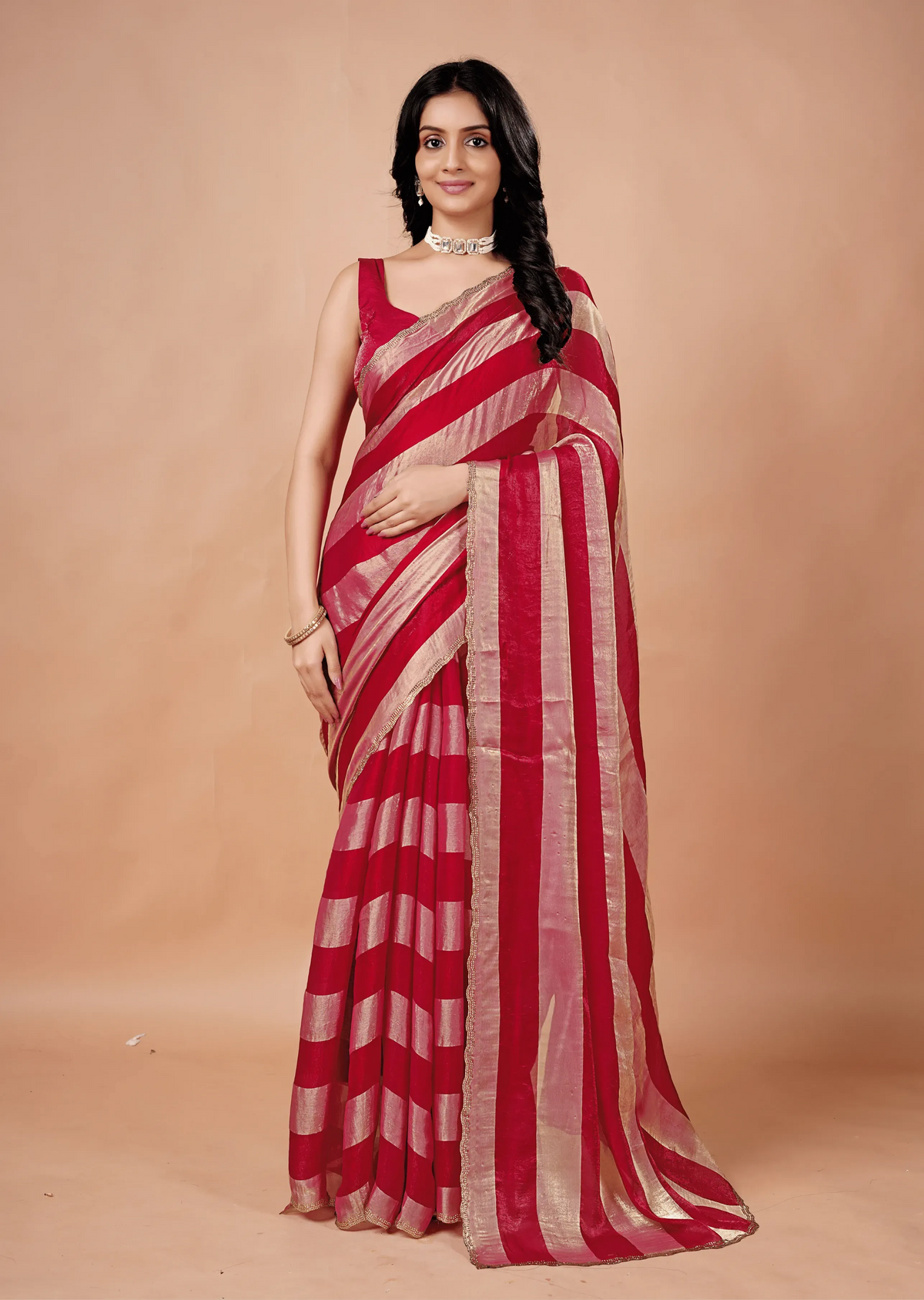 Rani Pink Tissue Silk Saree With Metallic Stripe Work