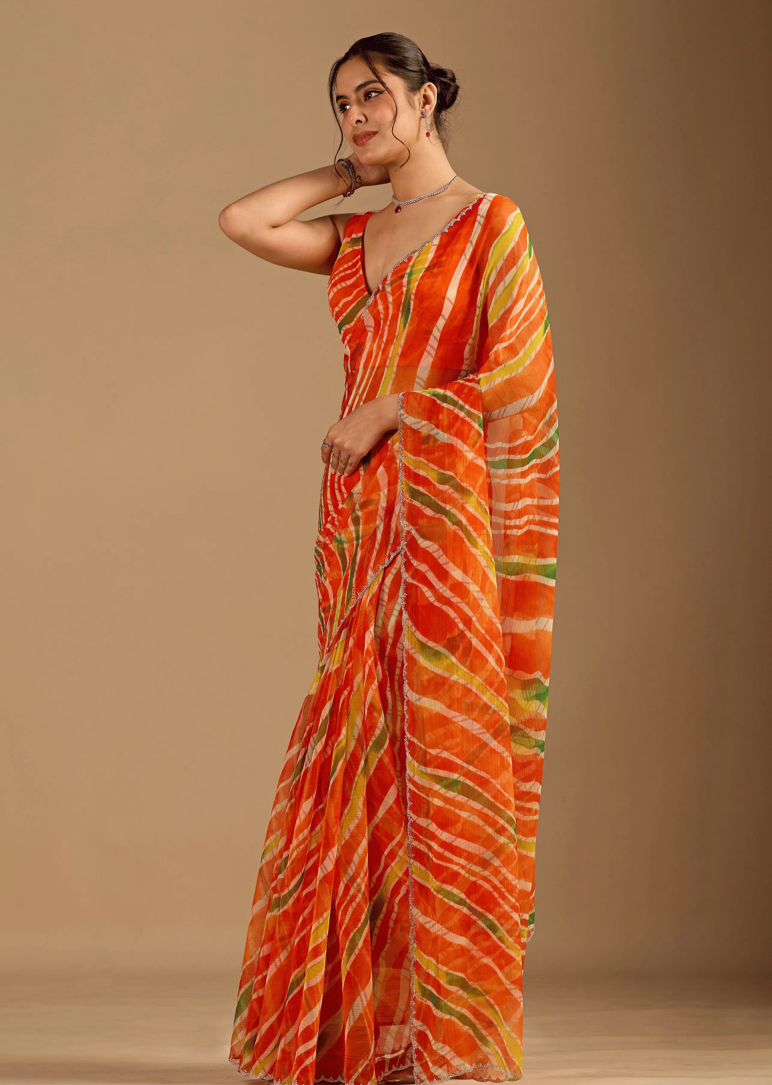 Orange Chiffon Saree Standing Look - Haldi Ceremony Saree