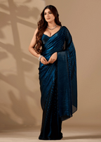 Navy Blue Organza Silk Saree With Stone Work Border - Photo 4 | Buy Online Ethnic9