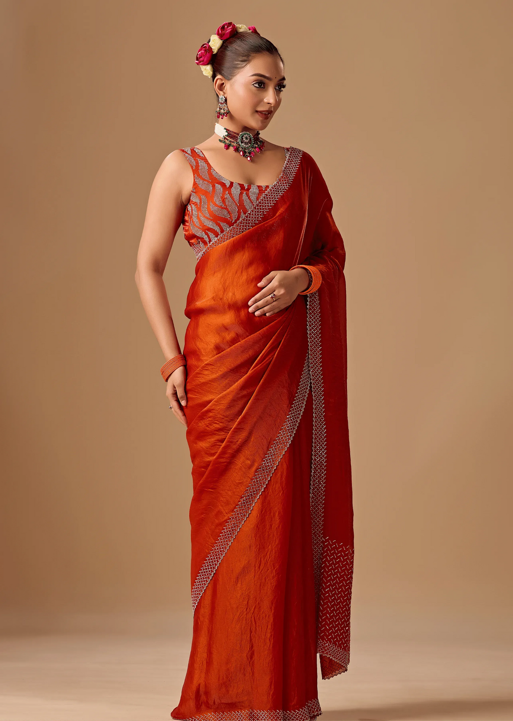 Burnt Orange Tissue Silk Saree With Rhinestone Border
