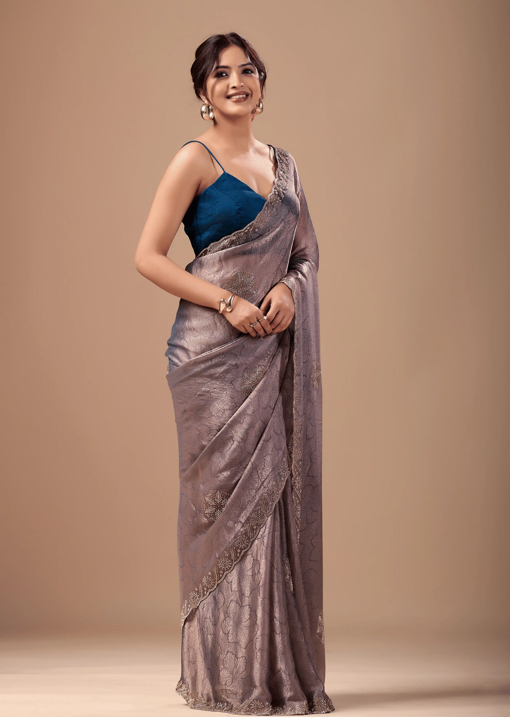 Dusty Mauve Jacquard Saree With Cutdana Stone Work