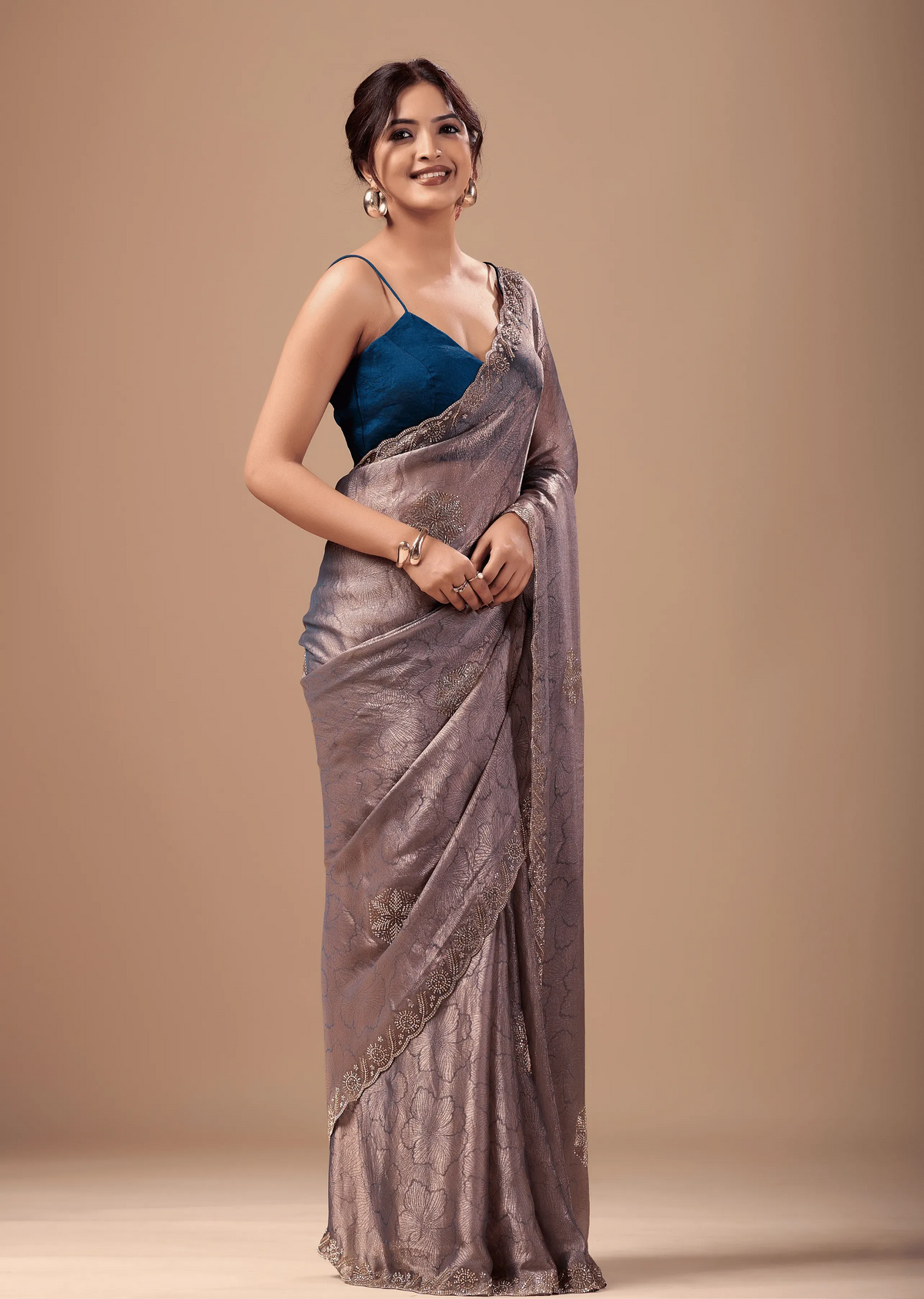 Dusty Mauve Jacquard Saree With Cutdana Stone Work