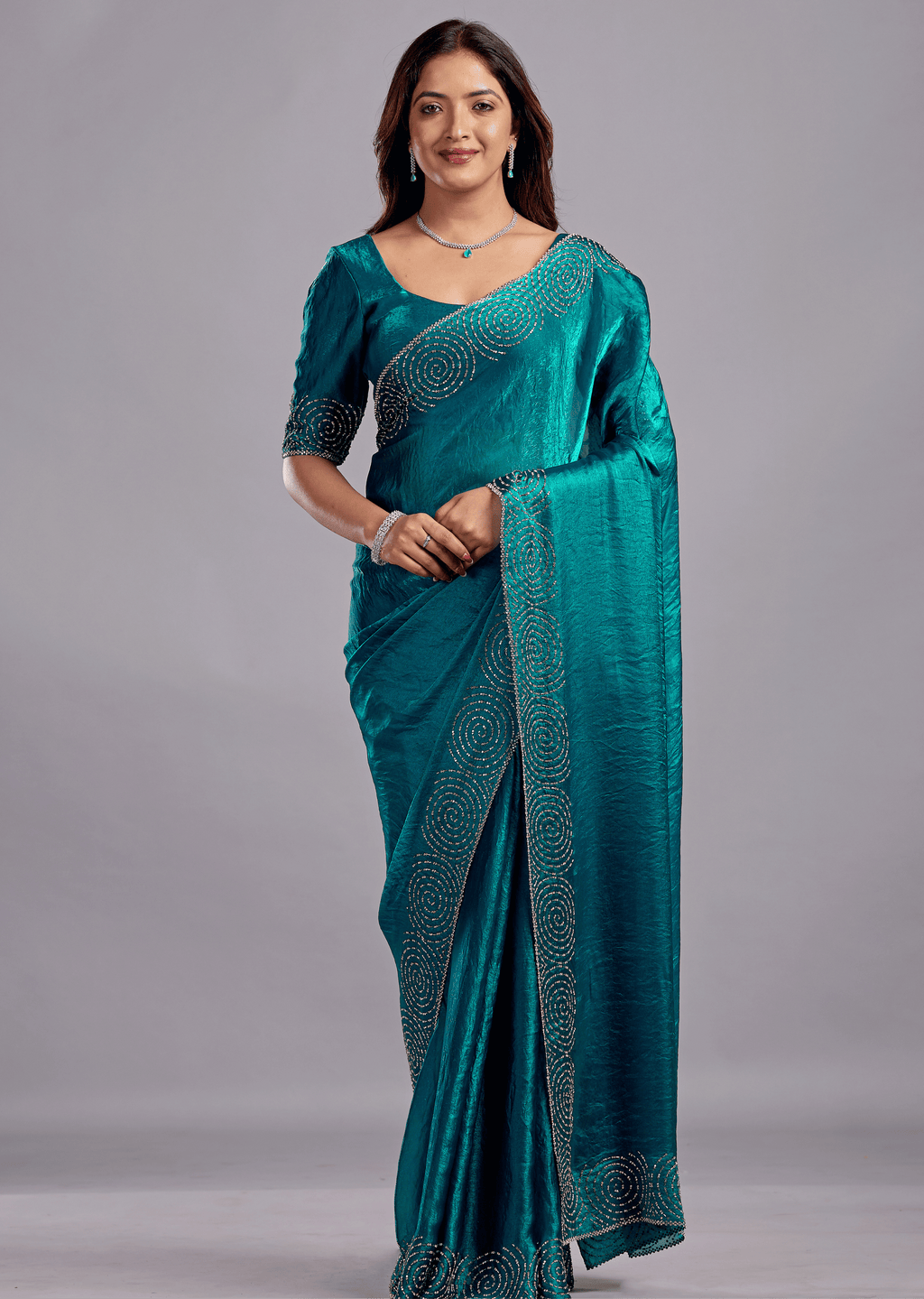 Peacock Teal Tissue Silk Saree With Crystal Spiral Work