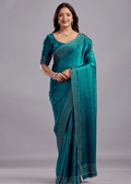 Peacock Teal Tissue Silk Saree With Crystal Spiral Work