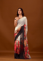 White Soft Organza Saree With Floral Print
