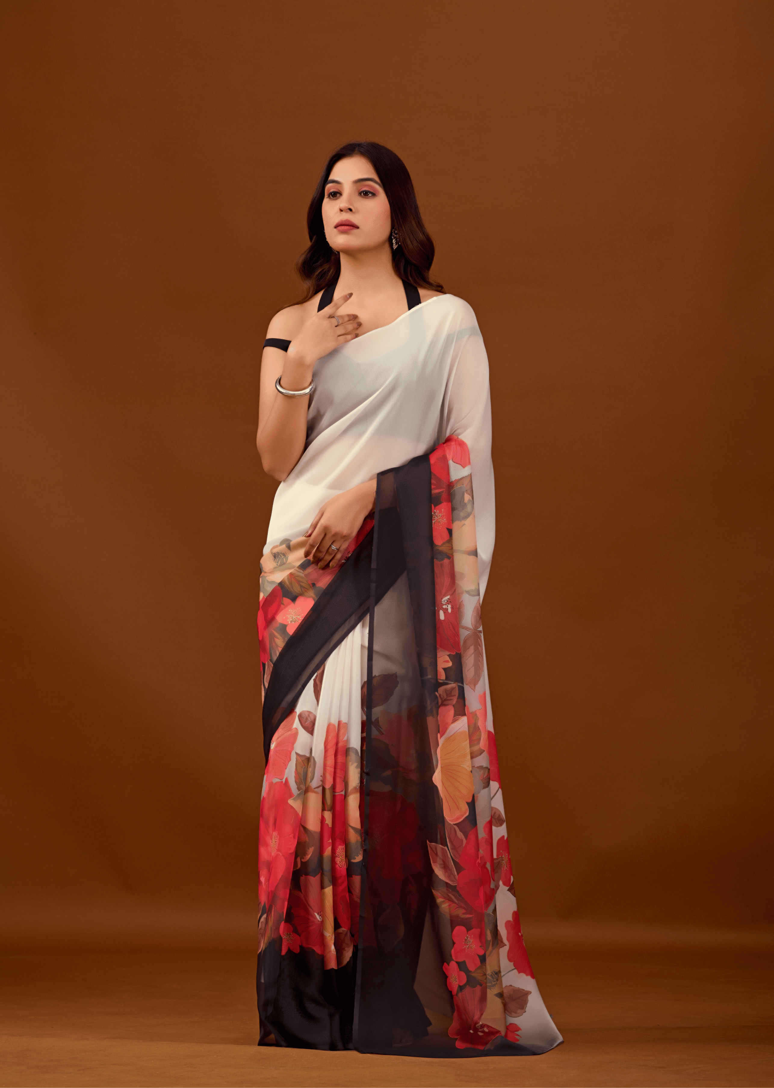 White Soft Organza Saree With Floral Print