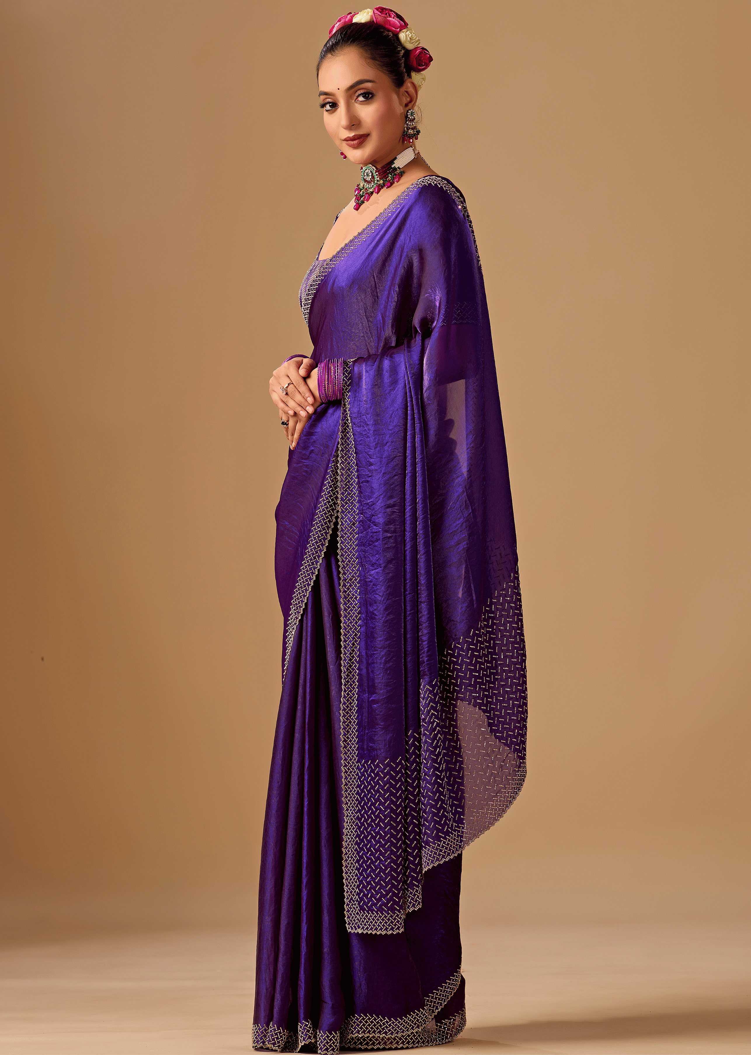Royal Wine Tissue Silk Saree With Crystal Stone Border