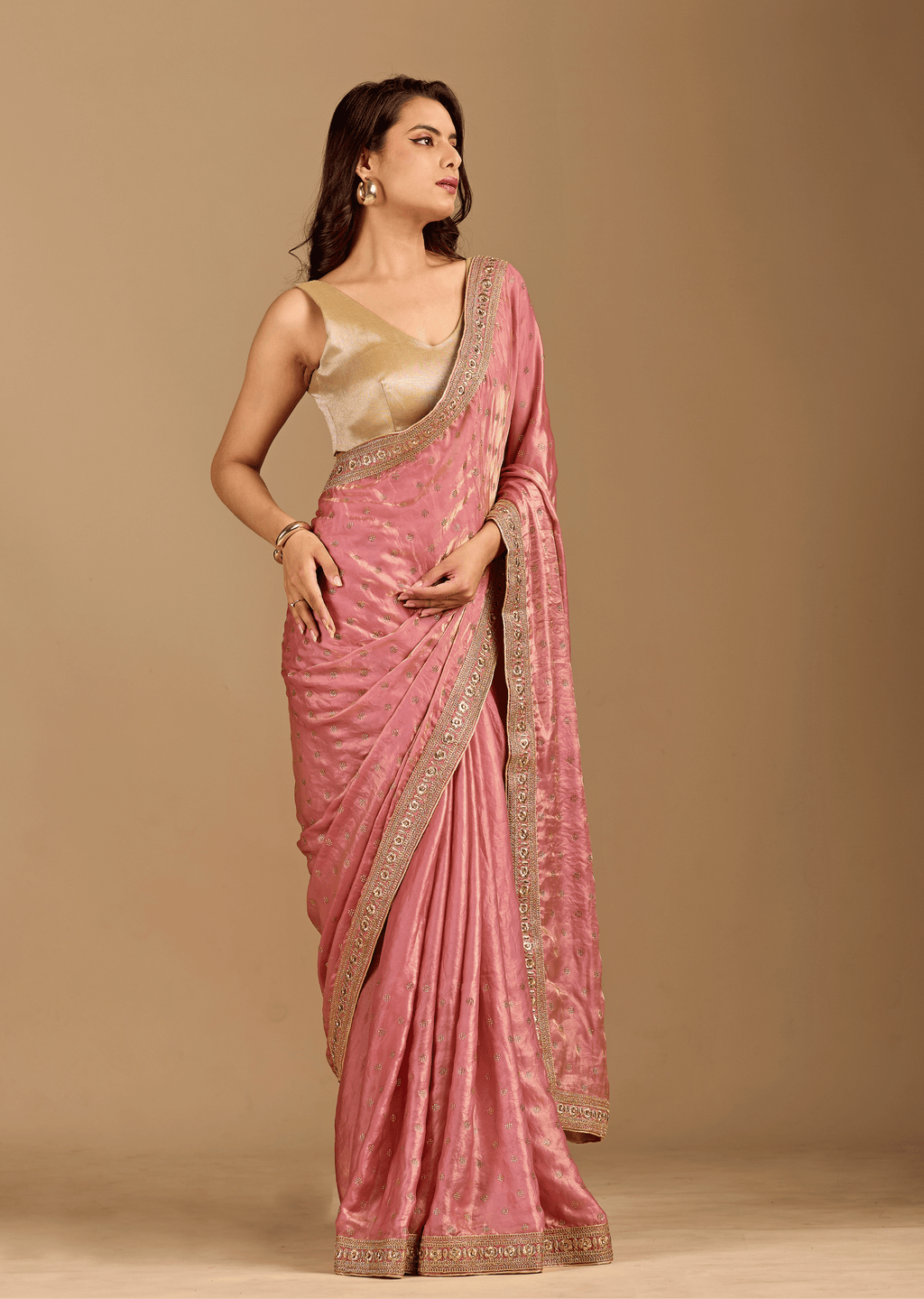 Rose Pink Tissue Silk Saree With Crystal Stone Border