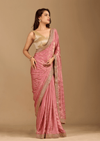 Rose Pink Tissue Silk Saree With Crystal Stone Border