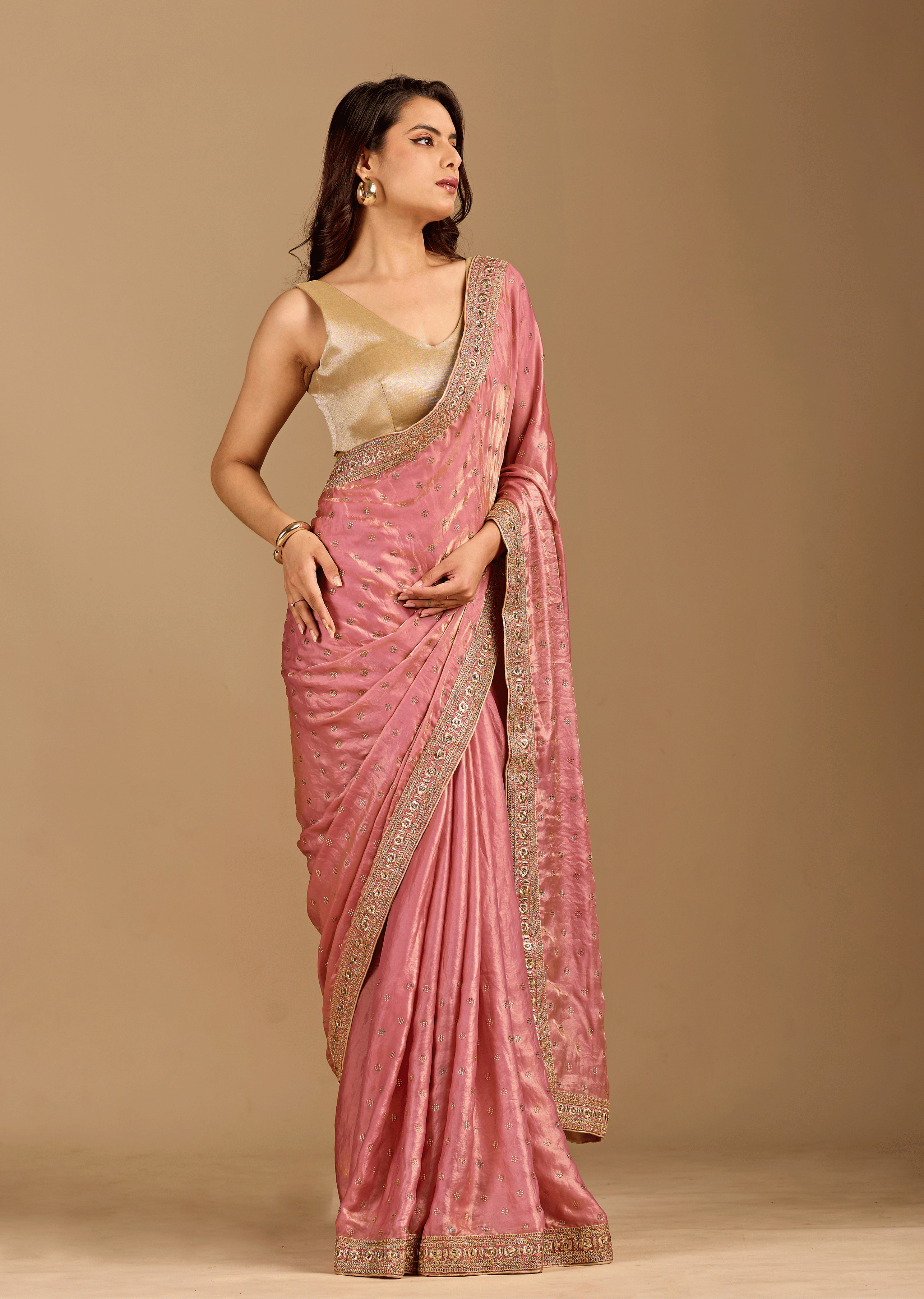 Rose Pink Tissue Silk Saree With Crystal Stone Border